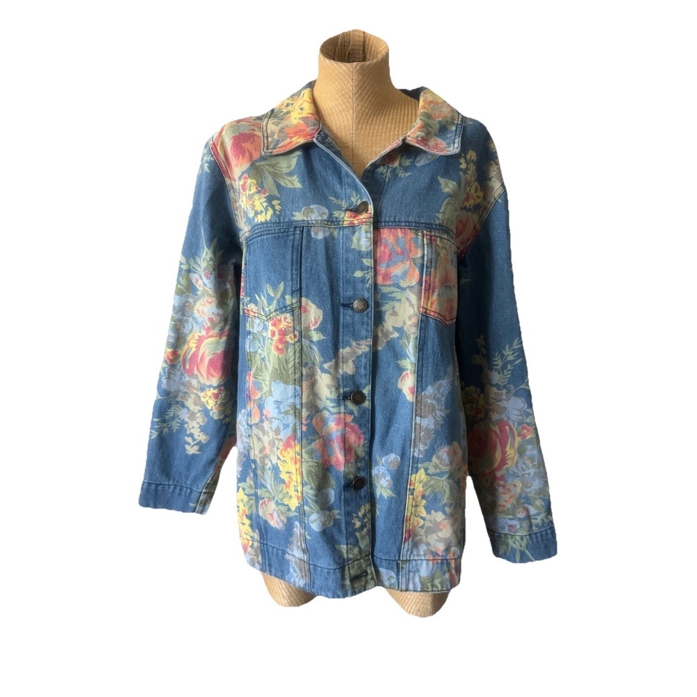 Y2K Boho Artsy Denim Jacket Pastel Floral Print 100% Cotton Shirt Susan Graver